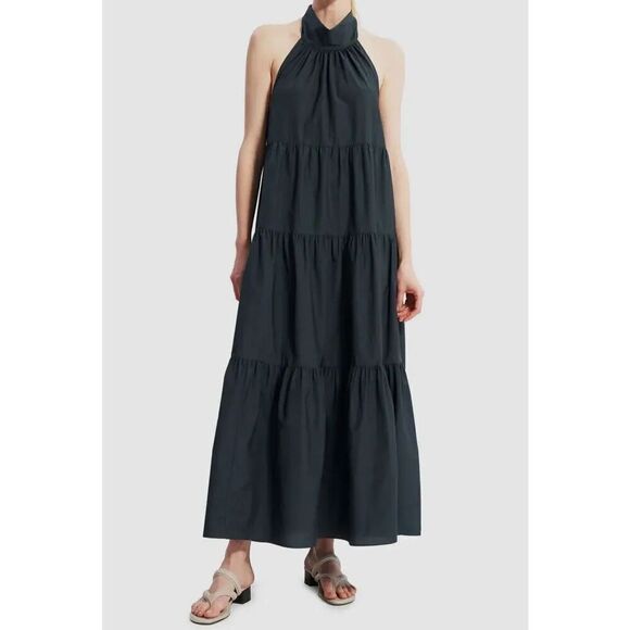 Theory Women's Cotton Blend Tiered Bow Halter A-line Maxi Dress Black Med D050 - Picture 2 of 10